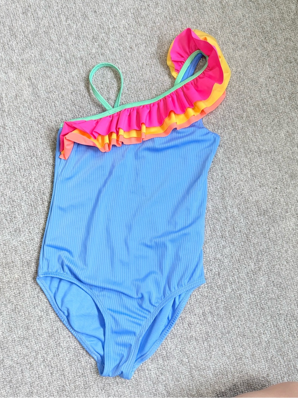 Girls’ One-Shoulder Blue Ruffle Swimsuit with Pink & Yellow Trim